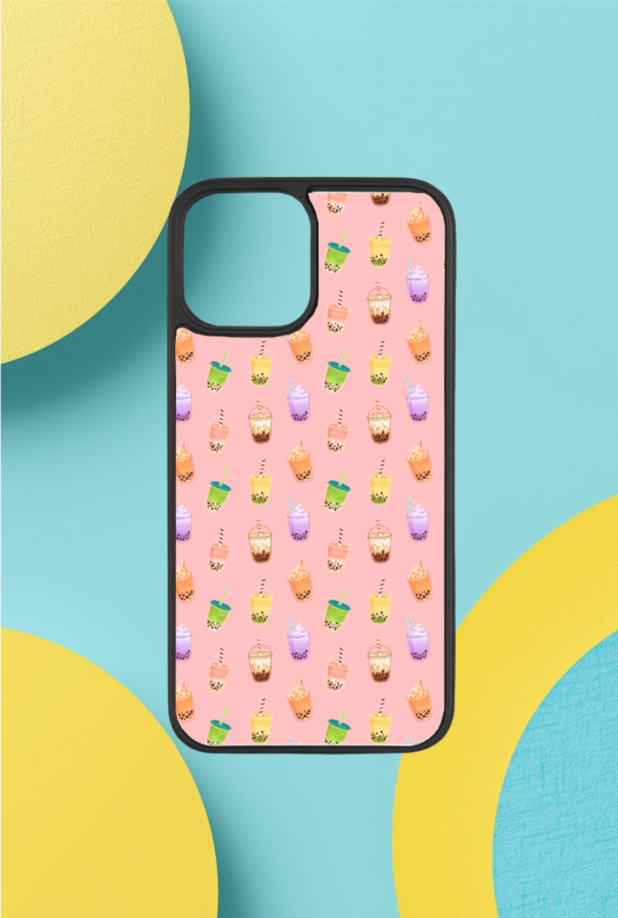 Phone case with colorful pattern on a blue and yellow abstract background