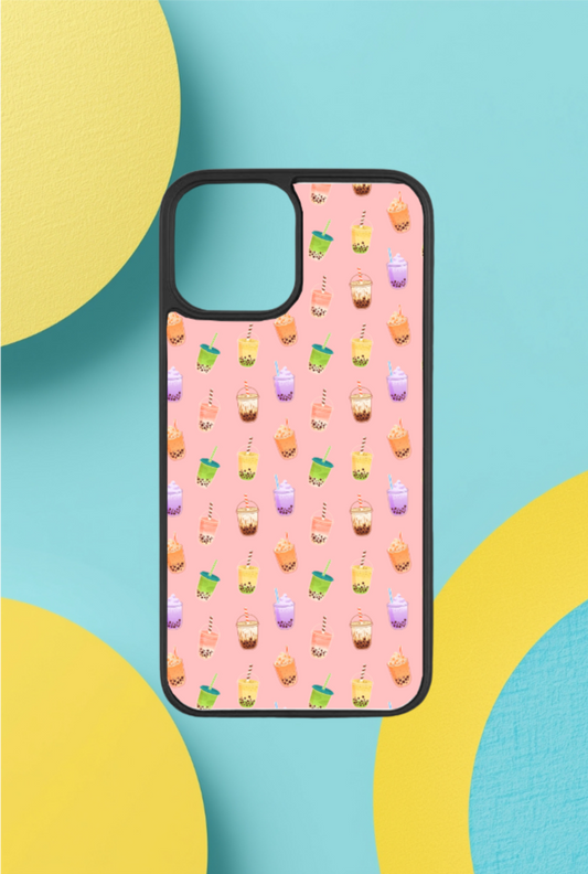 Phone case with colorful pattern on a blue and yellow abstract background