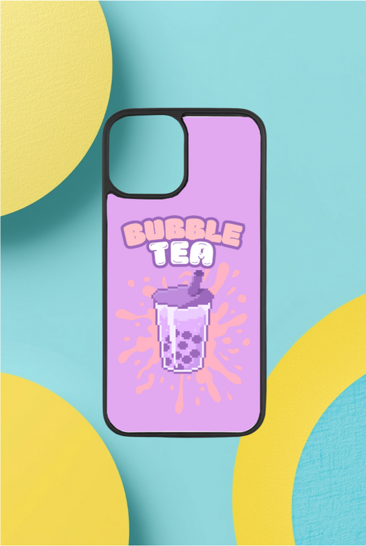 Phone case with bubble tea design on a blue and yellow abstract background