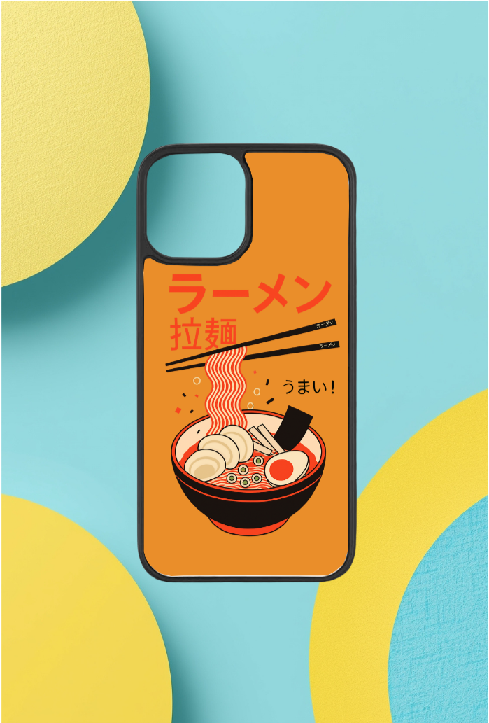 Phone case with ramen design on a blue and yellow background