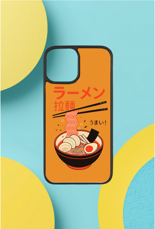 Phone case with ramen design on a blue and yellow background