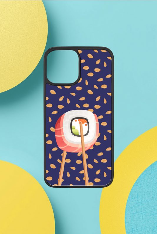 Phone case with a colorful design on a blue and yellow background